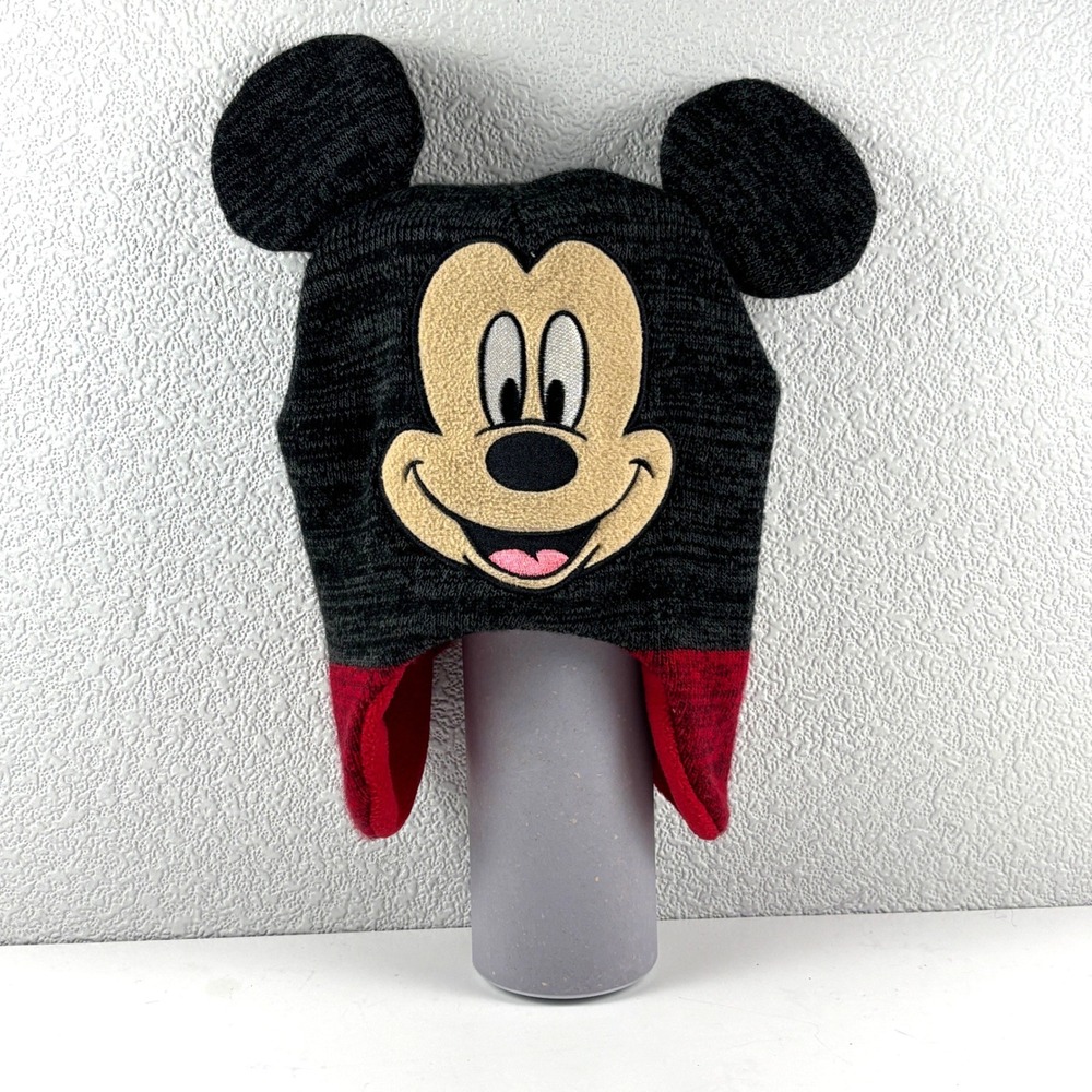 Disney Mickey Mouse Beanie Kids 2T-5T Black Red Trapper Hat with Ears